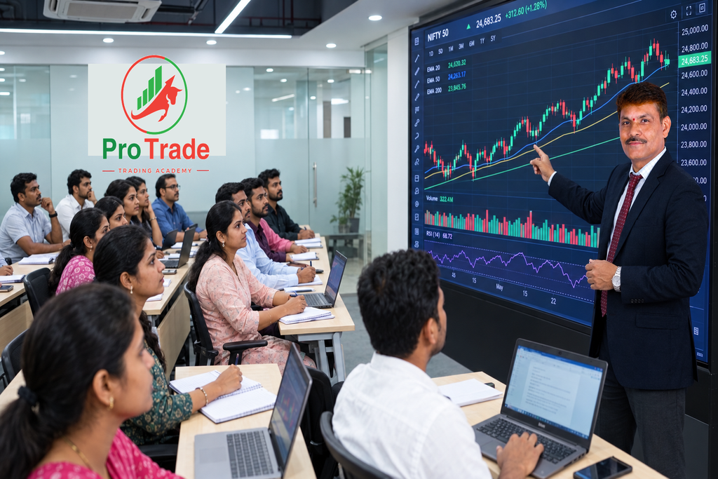 Best stock market training in Hyderabad at Pro Trade Trading Academy, where students learn trading strategies through practical live market sessions.